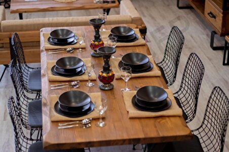 Ntconcept Dalgalı Kenar Tel Sandalyeli Doğal Ahşap Yemek Masası Takımı +10 Sandalye 100x210 cm