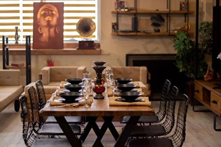 Ntconcept Dalgalı Kenar Tel Sandalyeli Doğal Ahşap Yemek Masası Takımı +4 Sandalye 60x120 cm