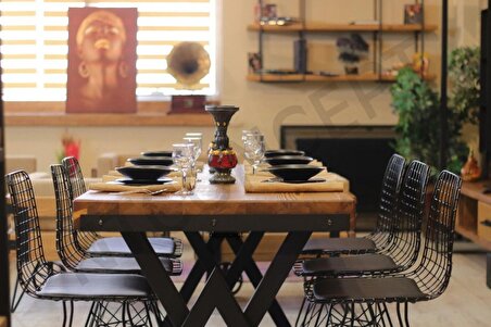 Ntconcept Kalın Kenar Tel Sandalyeli Doğal Ahşap Yemek Masası Takımı +6 Sandalye 100x210 cm