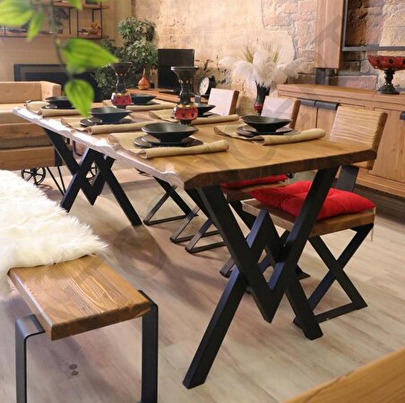 Ntconcept Kalın Kenar Loft Sandalyeli Doğal Ahşap Yemek Masası Takımı +4 Sandalye 60x120 cm