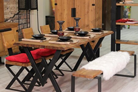 Ntconcept Kalın Kenar Loft Sandalyeli Doğal Ahşap Yemek Masası Takımı +4 Sandalye 60x120 cm