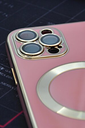iPhone 12 Pro Uyumlu MagSafe Özellikli Lens Korumalı Lazerli Renkli Kılıf Pembe