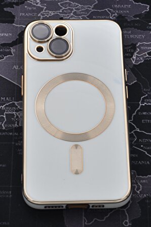 iPhone 14 Plus Uyumlu MagSafe Özellikli Lens Korumalı Renkli Kılıf Krem
