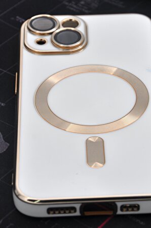 iPhone 14 Plus Uyumlu MagSafe Özellikli Lens Korumalı Renkli Kılıf Krem