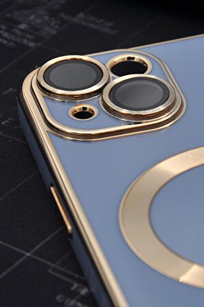 iPhone 14 Uyumlu MagSafe Özellikli Lens Korumalı Lazerli Renkli Kılıf Mavi