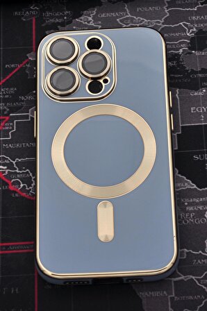 iPhone 14 Pro Max Uyumlu MagSafe Özellikli Lens Korumalı Lazerli Renkli Kılıf Mavi