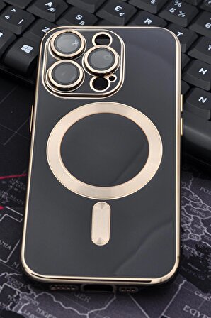 iPhone 14 Pro Max Uyumlu MagSafe Özellikli Lens Korumalı Lazerli Renkli Kılıf Siyah
