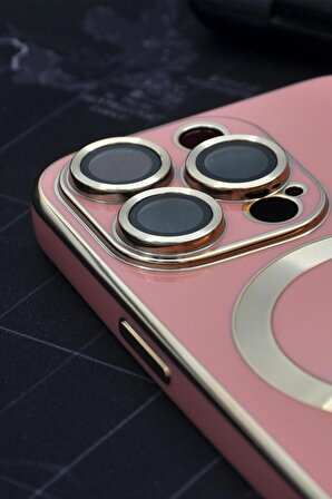 iPhone 14 Pro Uyumlu MagSafe Özellikli Lens Korumalı Lazerli Renkli Kılıf Pudra Pembe