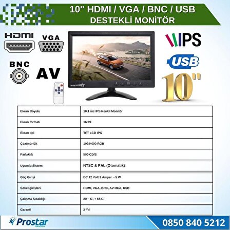 10.1" Büyük Ekranlı HDMI - VGA - BNC - AV - USB Girişli Monitör