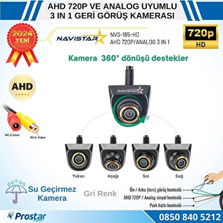 AHD 720P ve Analog Çevrilebilir 170 Derece Balıkgözü Geniş Açılı  Geri Görüş Kamerası