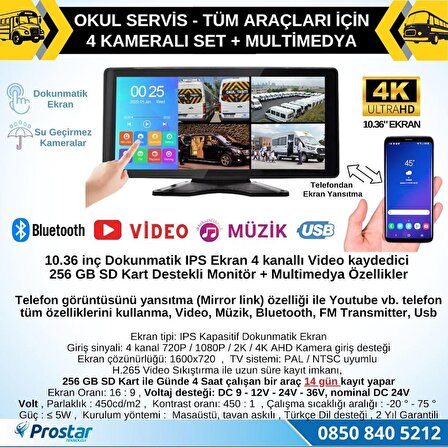 Okul Servisleri için 10.36" Dokunmatik Ekranlı 4 Kameralı Kayıtlı Video Müzik Telefon Ekran Yansıtma