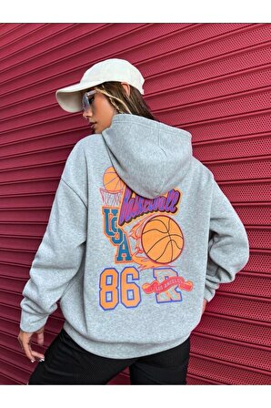 Unisex USA Basketbol Baskılı Gri Oversize Kapüşonlu Sweatshirt