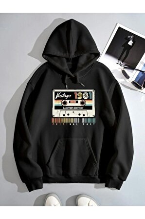 Unisex Vintage 1981 Kaset Baskılı Siyah Oversize Kapüşonlu Sweatshirt