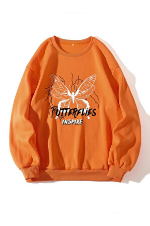 Unisex Butterflies Inspire Kelebek Baskılı Bisiklet Yaka Oversize Sweatshirt