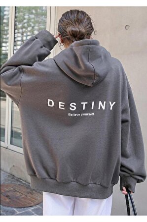 Unisex Destiny Believe Yourself Baskılı Gri Oversize Kapüşonlu Sweatshirt