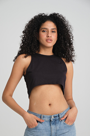 Kadın Siyah Crop Bluz, Halter Yaka Kolsuz Crop