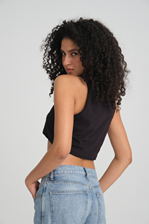 Kadın Siyah Crop Bluz, Halter Yaka Kolsuz Crop