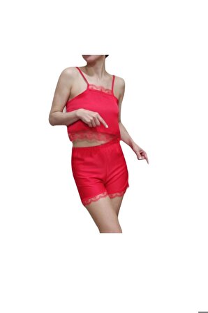Kadın Saten Kırmızı Şortlu Gecelik Takımı Pijama 2'li Takım