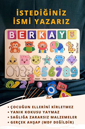 Eğitici Ahşap Kişiselleştirilebilir Oyuncak (HAYVANLAR, SAYILAR VE GEOMETRİK ŞEKİLLER) Puzzle Yapboz