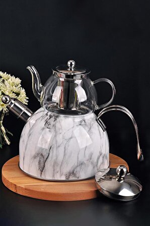 Nishev Mermer Düdüklü Çelik Cam Çaydanlık Takımı Beyaz