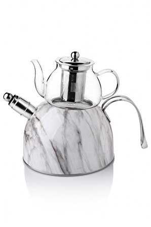 Nishev Mermer Düdüklü Çelik Cam Çaydanlık Takımı Beyaz