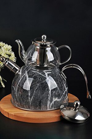 Nishev Mermer Düdüklü Çelik Cam Çaydanlık Takımı Özel Tasarım