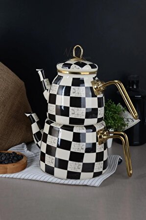 Nishev Elite Class Çaydanlık Takımı Dama Desen - Siyah Beyaz Şık Tasarım Çaydanlık Takımı
