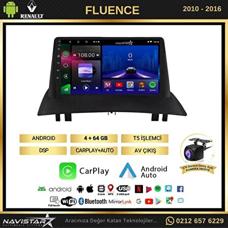 Fluence 4+64 GB Android 13 Kablosuz Carplay Navigasyon Multimedya Sistemi