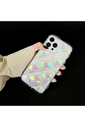 iPhone 13 Pro Max Uyumlu Geometrik Dilimli Hologramlı Baklava Şişme Puf Koruyucu Kapak Kılıf Beyaz