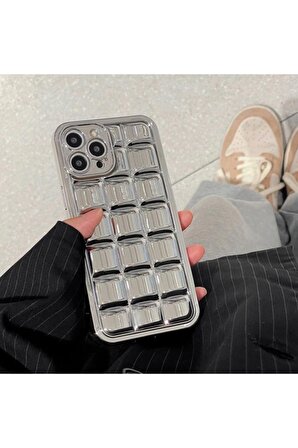 Iphone 15 Uyumlu 3D Kare Detaylı Silver Kapak Telefon Kılıfı