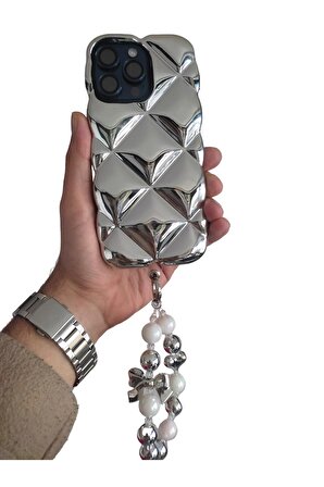 iPhone 15 Pro Max Uyumlu Geometrik Dilimli Hologramlı Baklava Şişme Puf Koruyucu Kapak Kılıf