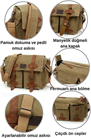 Old Cotton Cargo 7156 Salaş Suya Dayanıklı Camel Sarı Omuz Laptop Okul Seyahat Vintage Retro Outdoor Çantası