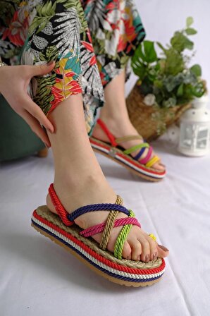 Hasır Detaylı Çok Renkli Halat Sandalet