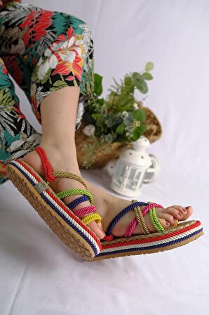 Hasır Detaylı Çok Renkli Halat Sandalet