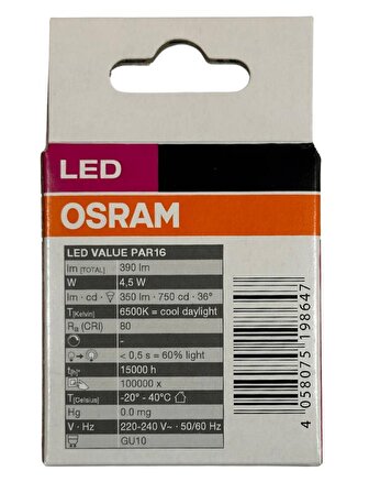 Osram Par16 4.5W (50W) 6500K (Beyaz Işık) GU10 Duylu Led Spot (10 Adet)