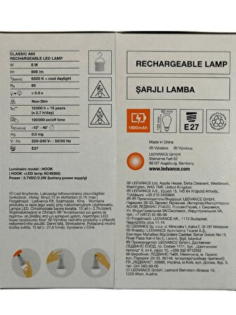 Osram Ledvance 8W (60W) 6500K (Beyaz Işık) Şarj Edilebilir E27 Duylu Led Ampul