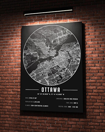 Ottawa 50x70 cm Şehir Haritası Kanvas Tablo