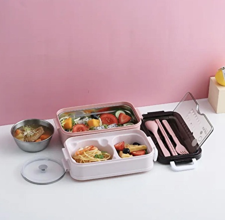 Paslanmaz Çelik Yemek Tası Isı Yalıtımlı 3 Katlı Yemek Termosu Ofis Kamp Lunchbox Pembe