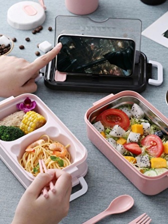 Paslanmaz Çelik Yemek Tası Isı Yalıtımlı 3 Katlı Yemek Termosu Ofis Kamp Lunchbox Pembe