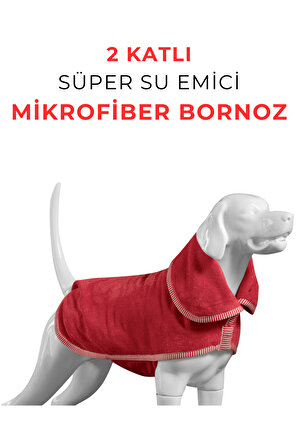 2 Katlı, Süper Su Emici Mikrofiber Köpek Bornozu, Kırmızı