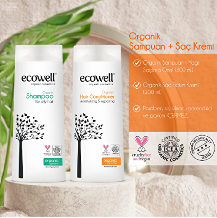 Ecowell Organik & Vegan Duş Bakım 2'li Set / Yağlı Saçlar İçin Şampuan + Saç Bakım Kremi / 300 ml x 2 Adet (İlaç Saklama Kutusu Hediyeli)