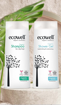 Ecowell Organik & Vegan Duş Bakım 2'li Set / Yağlı Saçlar İçin Şampuan + Duş Jeli / 300 ml x 2 Adet  ( İlaç Saklama Kutusu Hediye)