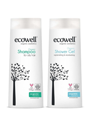 Ecowell Organik & Vegan Duş Bakım 2'li Set / Yağlı Saçlar İçin Şampuan + Duş Jeli / 300 ml x 2 Adet  ( İlaç Saklama Kutusu Hediye)