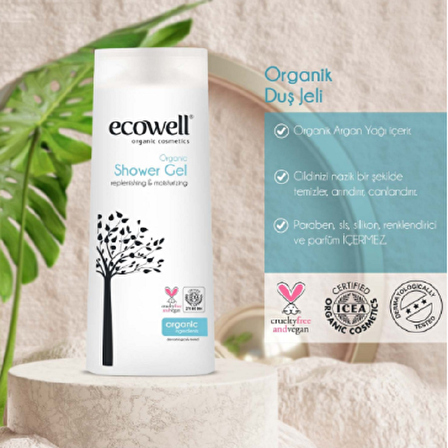 Ecowell Organik Argan Yağı Aromalı Nemlendirici Vegan Hassas Ciltler İçin Kalıcı Kokulu Duş Jeli 300 ml + İlaç Saklama Kutusu