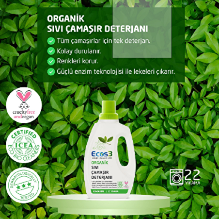 Ecos3 Organik Vegan Karma Renkler İçin Sıvı Deterjan 750 ml 22 Yıkama 