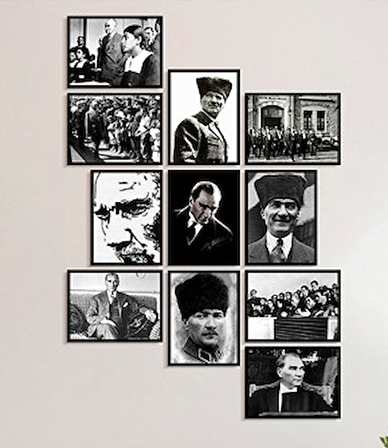 Çerçevesiz Çerçeve Görünümlü Atatürk Fotoğrafları 11 Parça Mdf Tablo Seti Çoklu Baskı Seti Mdf Baskı