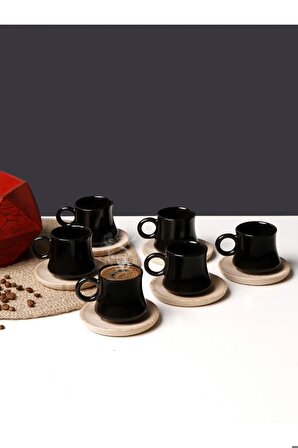 Kahve Fincan Takımı 6 kişilik Siyah Largi Ahşap Tabaklı 