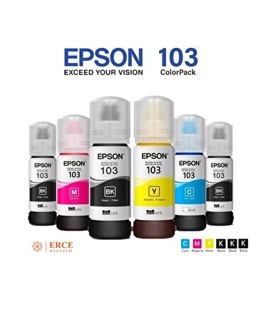 Epson 103 EcoTank L3150 Uyumlu Dört Renk +2 Siyah Mürekkep Takımı