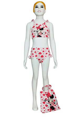 Minnie Mouse Desenli Çanta Aksesuarlı 3 Parça Bikini