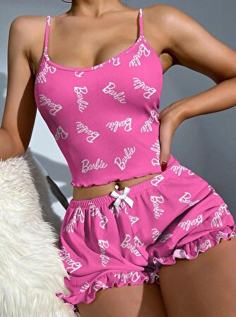 Askılı Mini Şortlu Pijama Takımı Barbie Kaşkorse Fitilli